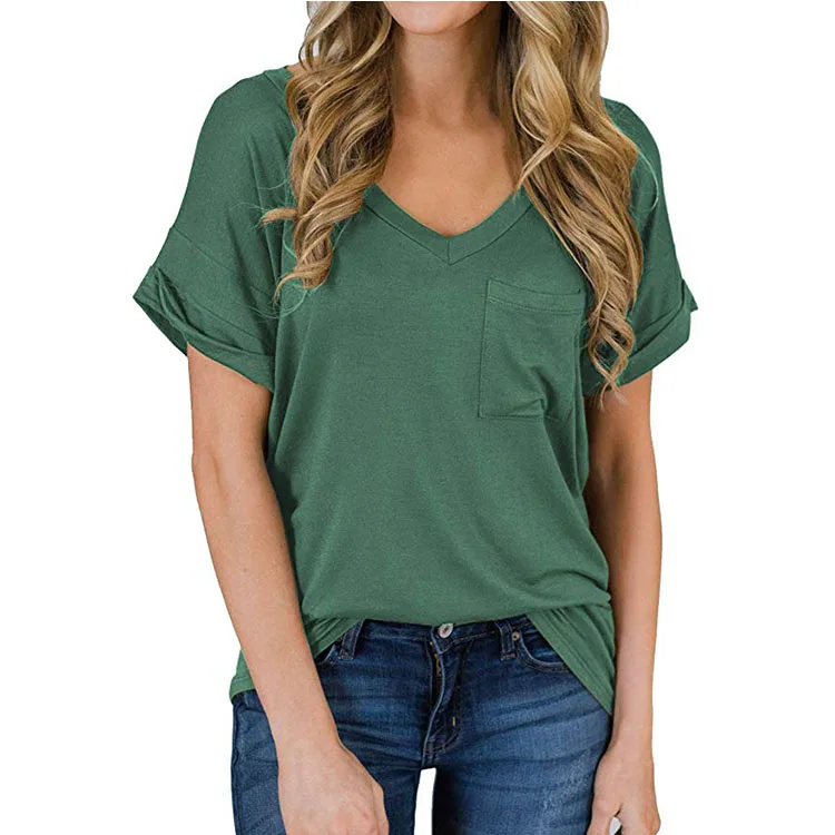 

Summer Womens plain Short Sleeve V Neck T Shirts Loose Casual Summer Tops Tees with Pocket