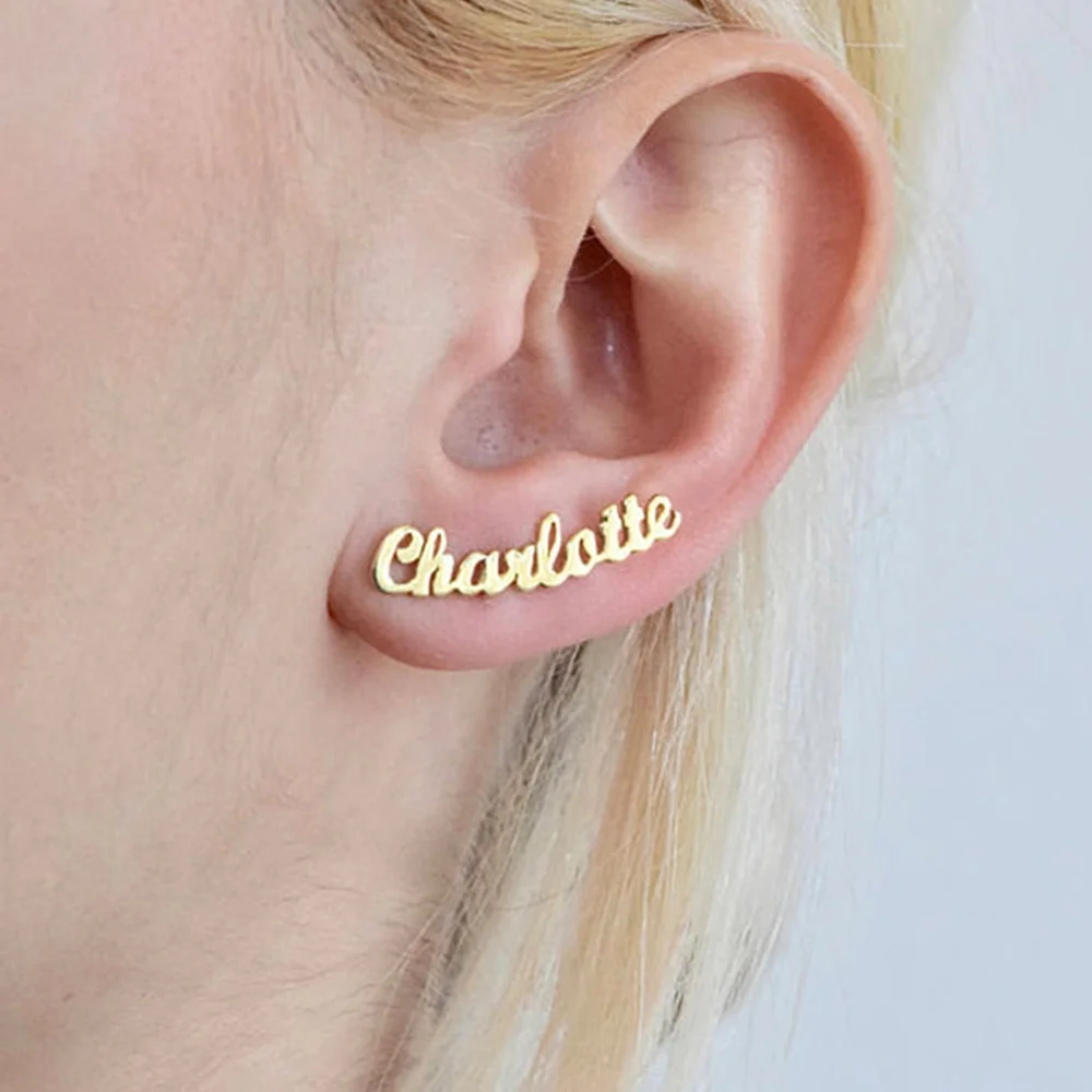 

Stainless Steel Jewelry Personalized Minimalist Gift Nameplate Jewelry Initial Cursive Inspire Word Logo Name Girl Stud Earrings