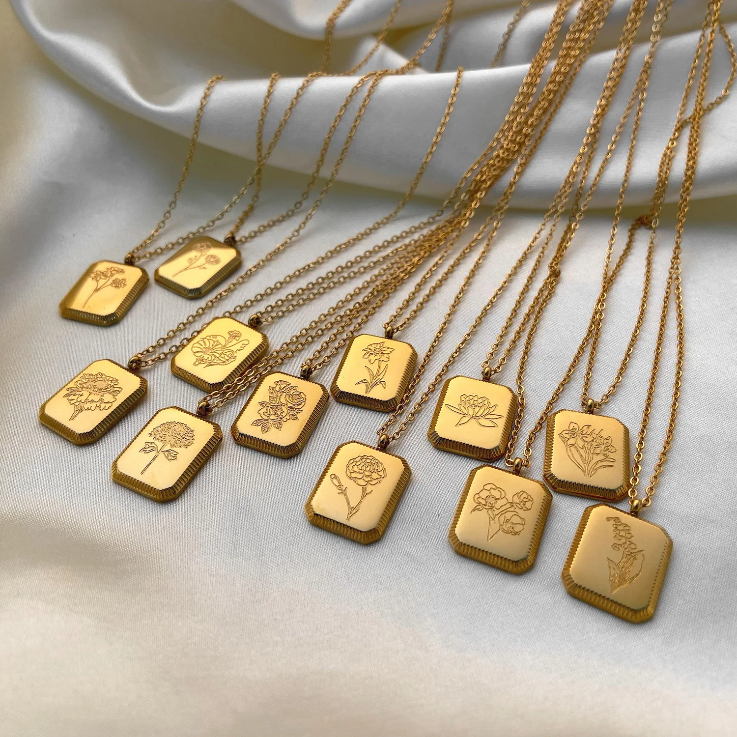 

12 month birth flower necklace jewelry stainless steel 18k gold plated custom rectangle pendant necklaces for women