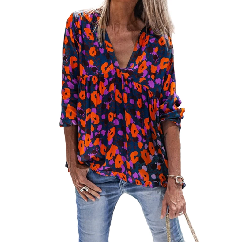 

2020 hot sale autumn and winter women pleated printing shirt women V neck blouse
