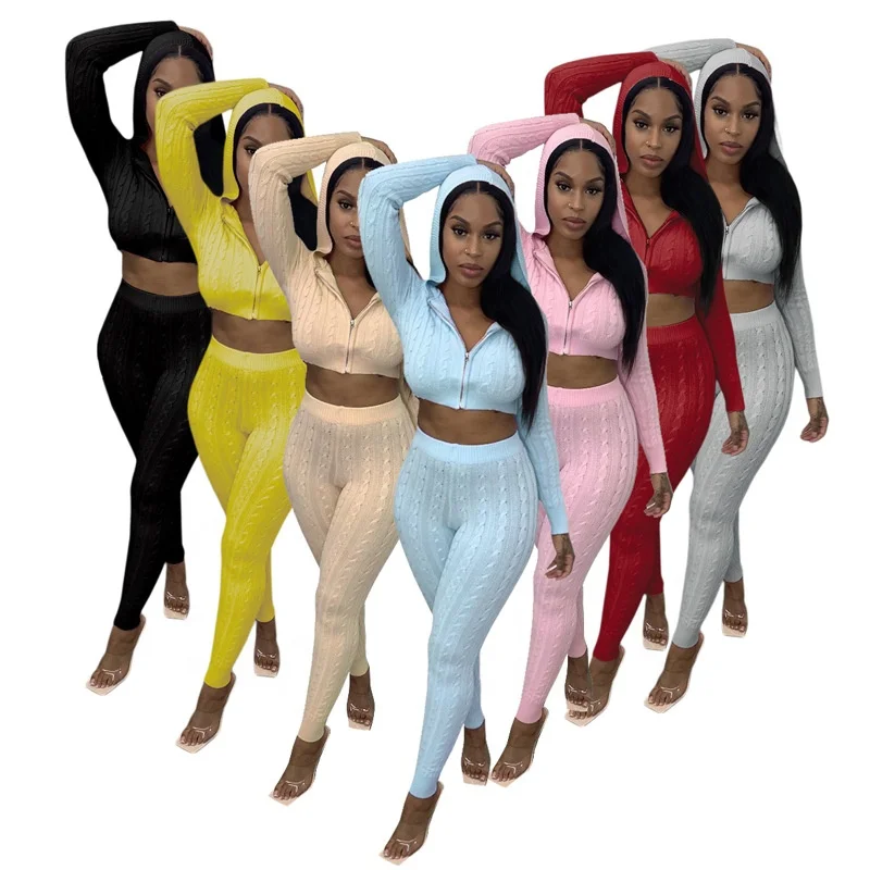 

Fall And Winter Full Zipper Hoodies Cardigan Sweater Knitted Two Piece Set Women