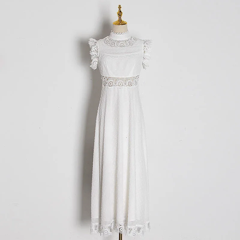 

2020 Spring new arrival Elegant water soluble embroidery short sleeve dress women Summer party maxi pure white dress