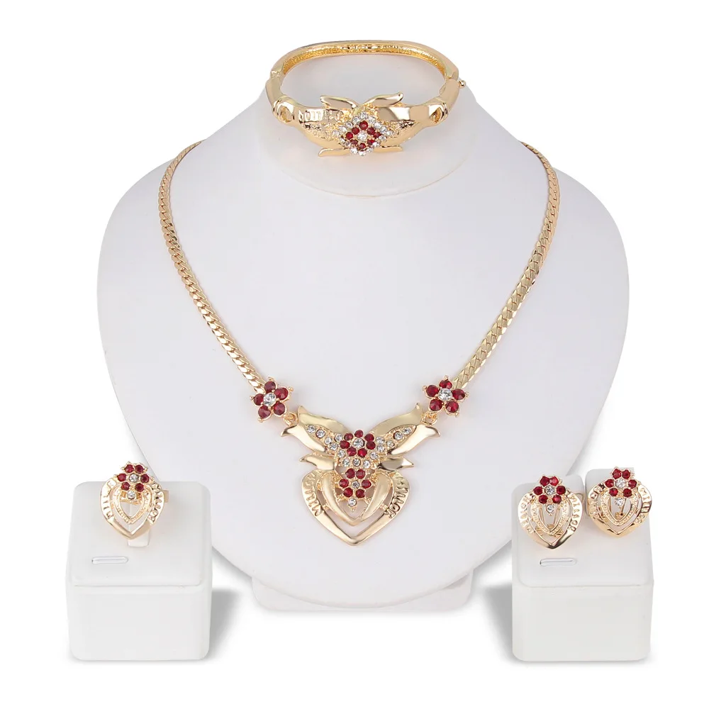 

New simple alloy heart-shaped rhinestone-encrusted electroplated necklace four-piece jewelry set