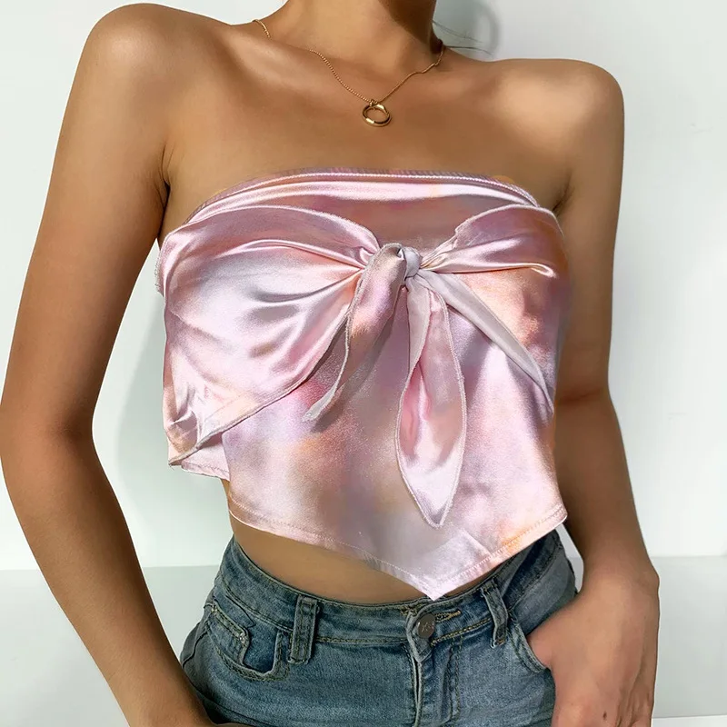 

Front Tie 2020 Summer Slash Neck Off the Shoulder Women Crop Tops, Pink