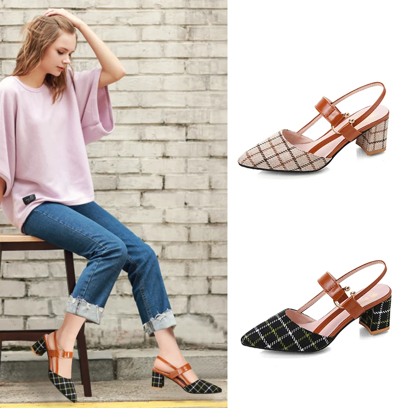 

sandal heels for ladies Spring and summer new fashion plaid Baotou thick heel outdoor women's large size sandals single shoes
