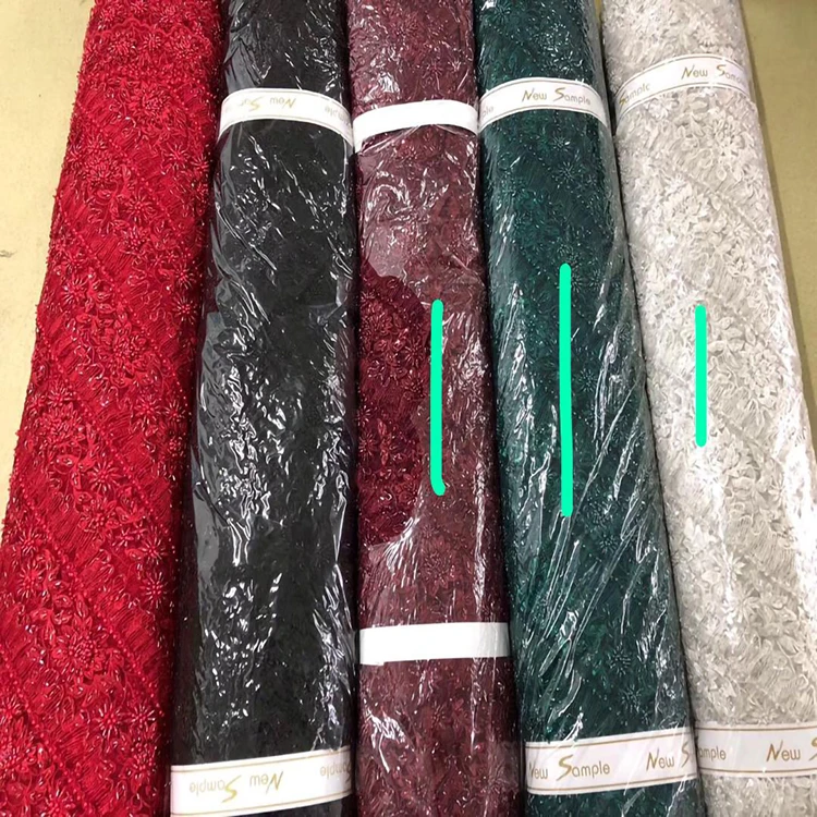 Handmade Luxury Red Beaded Handmade Embroidery Dress Dubai Lace Fabric