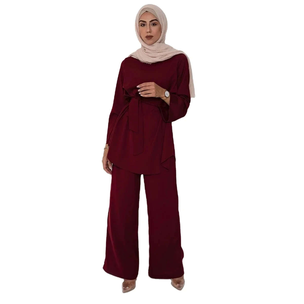 

Hot Sell Fasion Soft Crepe Material Design Middle East Muslim Thobe Dubai Set Clothing Women, Picture