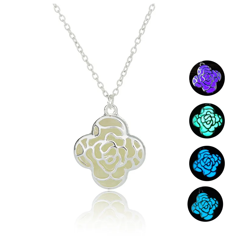 

Glow In The Dark Rose Pendant Necklace For Women Men Fluorescent Luminous Rose Jewelry Halloween Gift