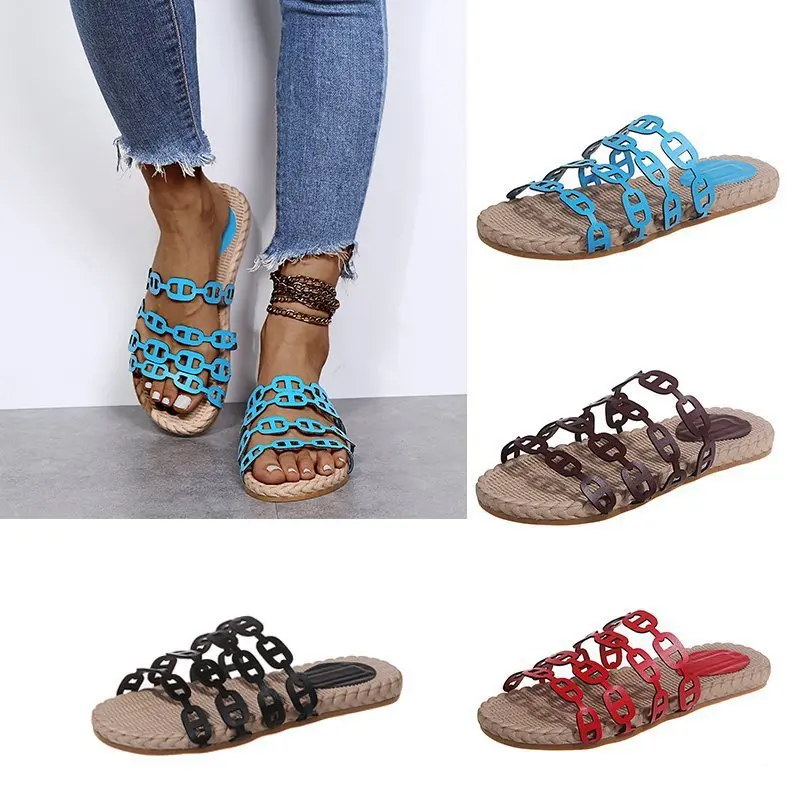 

LX9 Women's slippers 2021 Summer new European and American flat open toe beach sandals with PU chian cross strap slipper ladies, Picture show