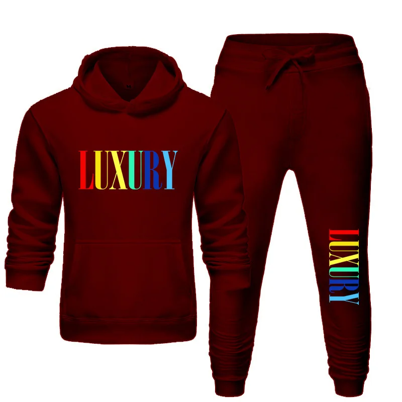 

Fall Winter Men's Fashion Print Hoodie Set Brand Sportswear Men's Hip Hop Sweatshirt and Sweatpants sets, White , grey , navy . wine red , black