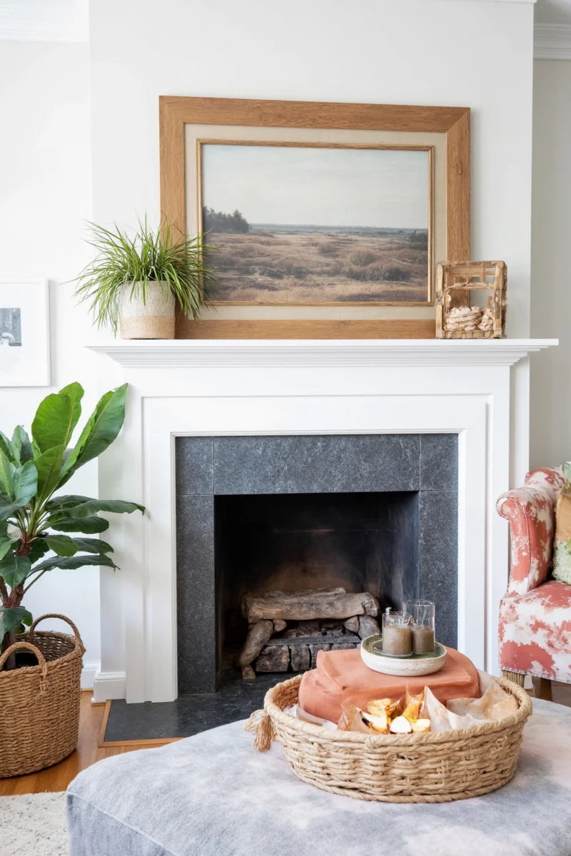 Child-safe fireplace area with guard, anchor points, and low decor