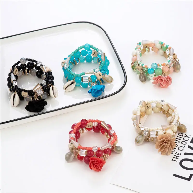 Boho Multilayer Beads Charm Bracelets for Women Vintage Flower Letter Shell Bracelets & Bangles Seashell Summer Beach Jewelry