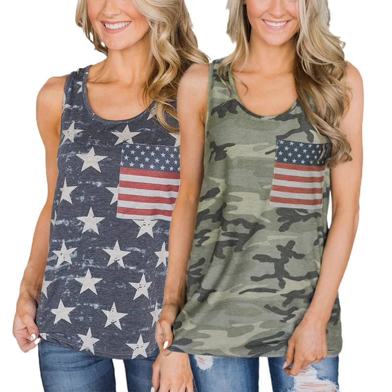 

Wholesale American Flag Style Women Sleeveless Top Summer Casual Camo Designer Tank Tops