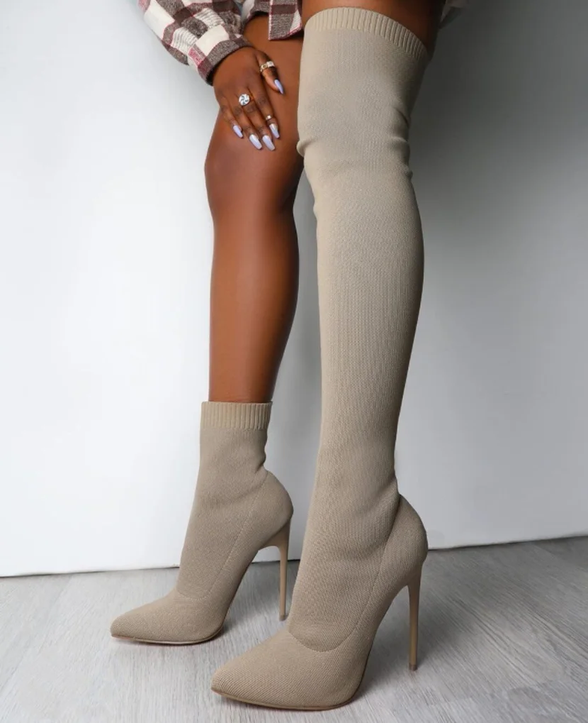 

2021 New Boots Knee Large Women's Pointed Toe Thigh High Boots Microfiber Leather High Stiletto Heels Over Knee High Boots