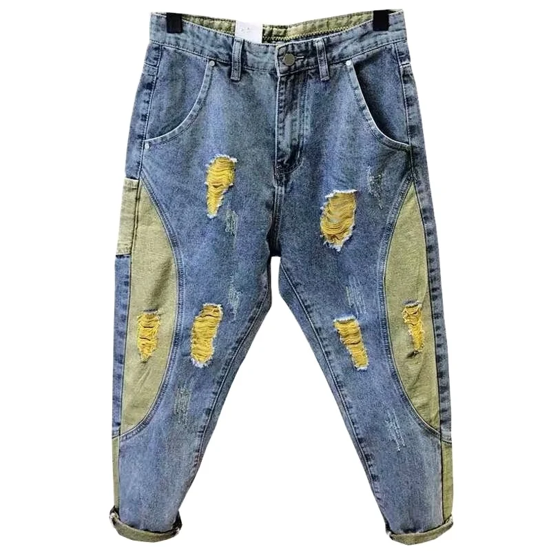 

Spring Beggar Ripped Jeans Male Loose Plus Size Cropped Vintage Harem Pants