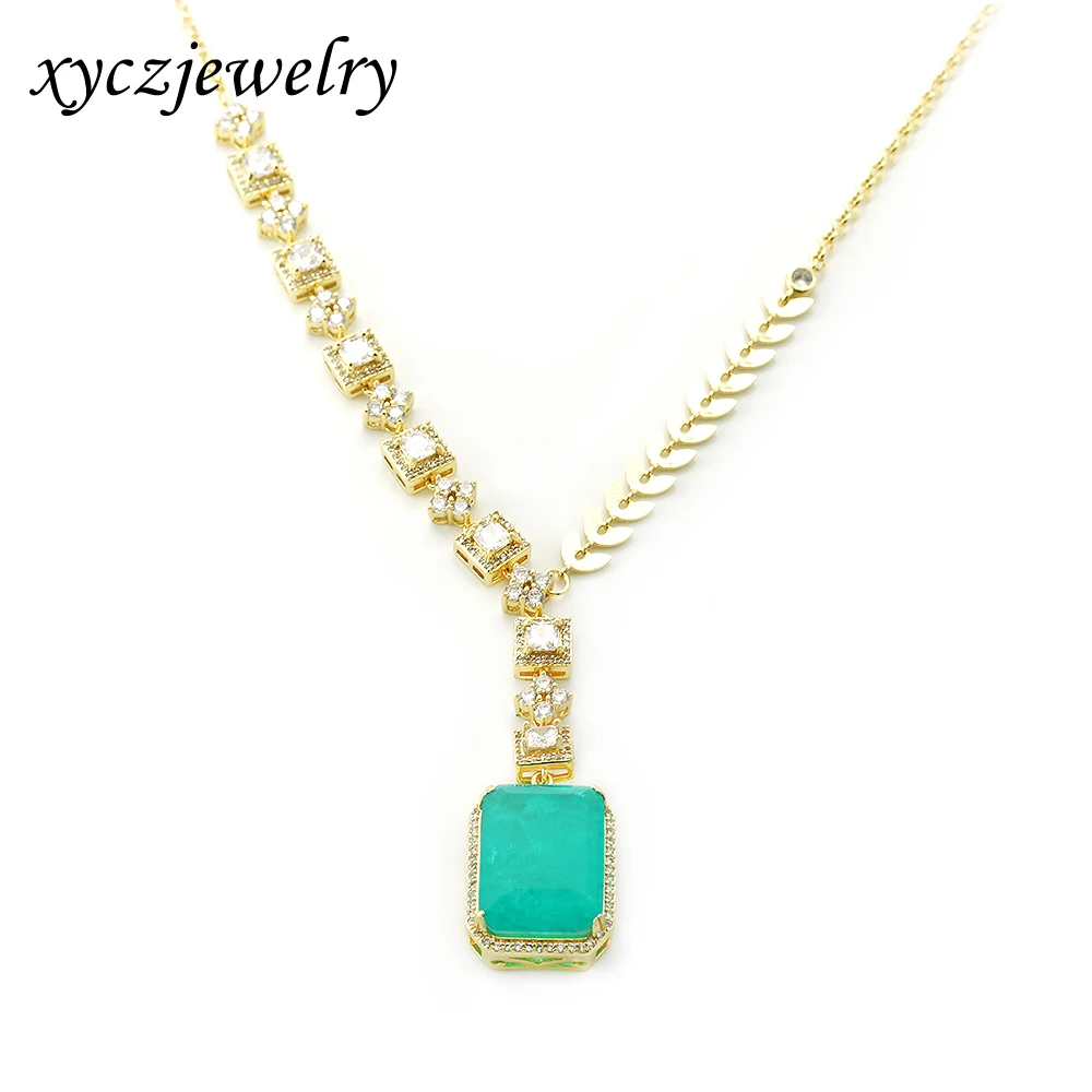 

Luxury big necklace semijoias colar green rectangular fusion stone pendant necklace, White+ green