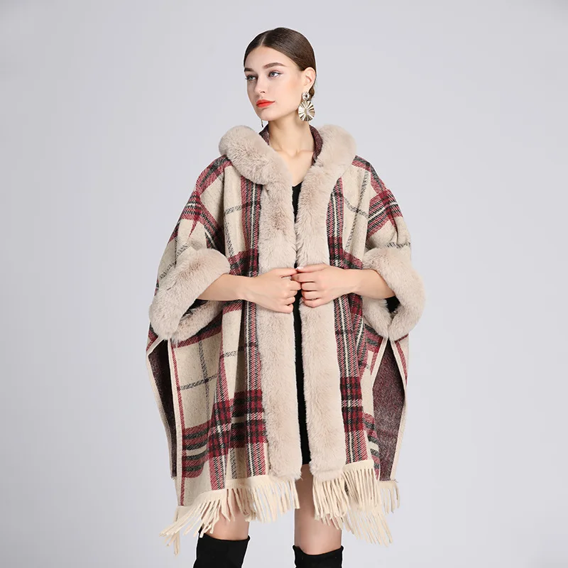 

Hot-selling New Autumn And Winter Imitation Rex Rabbit Fur Collar Hooded Shawl Cloak Woolen Plus Size Cardigan Jacket, Customized color