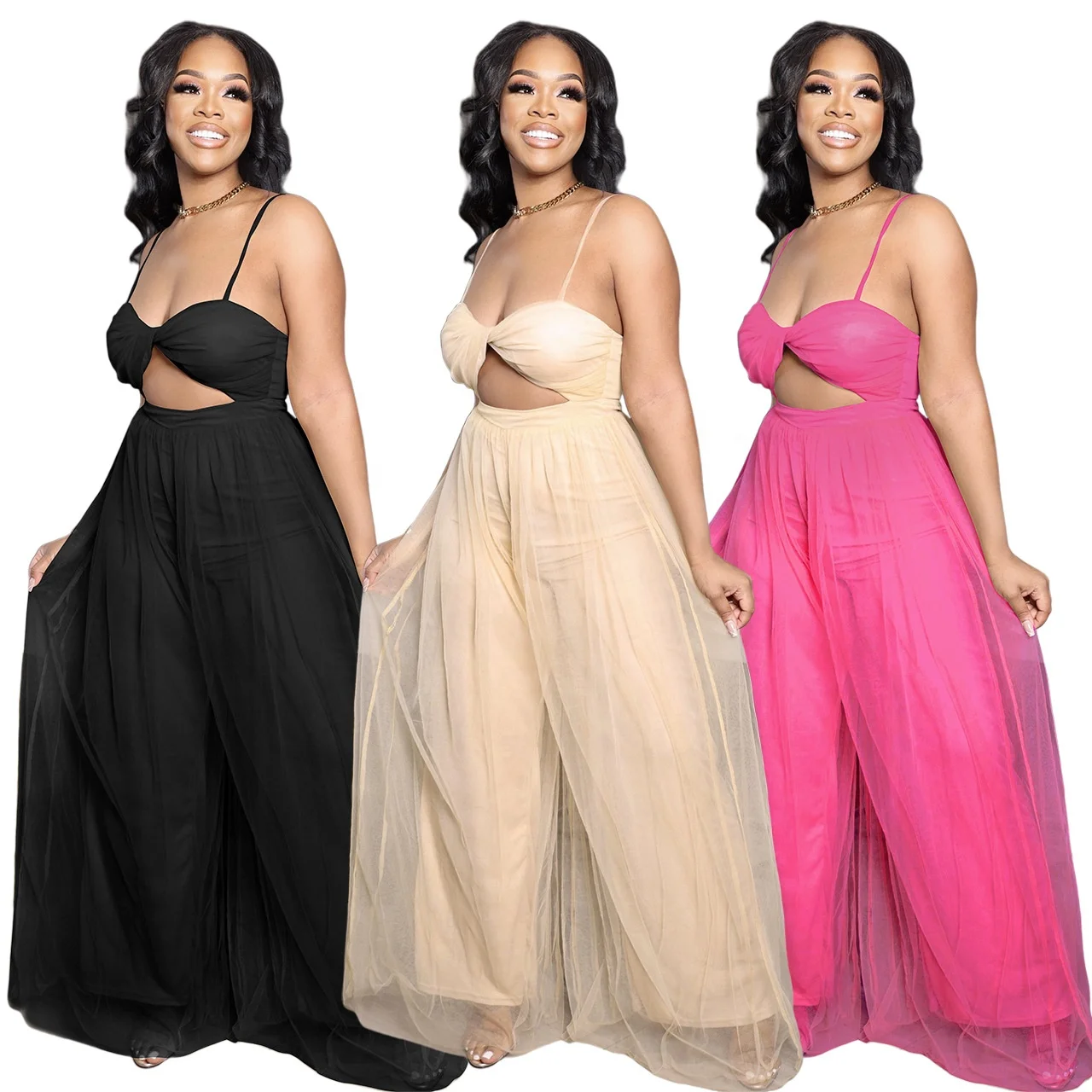 

LANOZY 2022 New Arrival Tulle Sling Solid Color Sexy Bra Loose Wide Leg Pant Elegant One Piece Summer Lady Jumpsuit, 3 colors