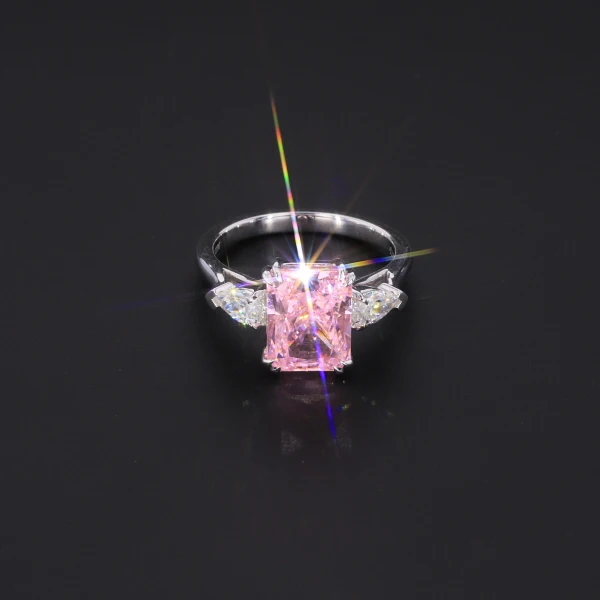 

silver ring with pink radiant cut CZ engagement ring