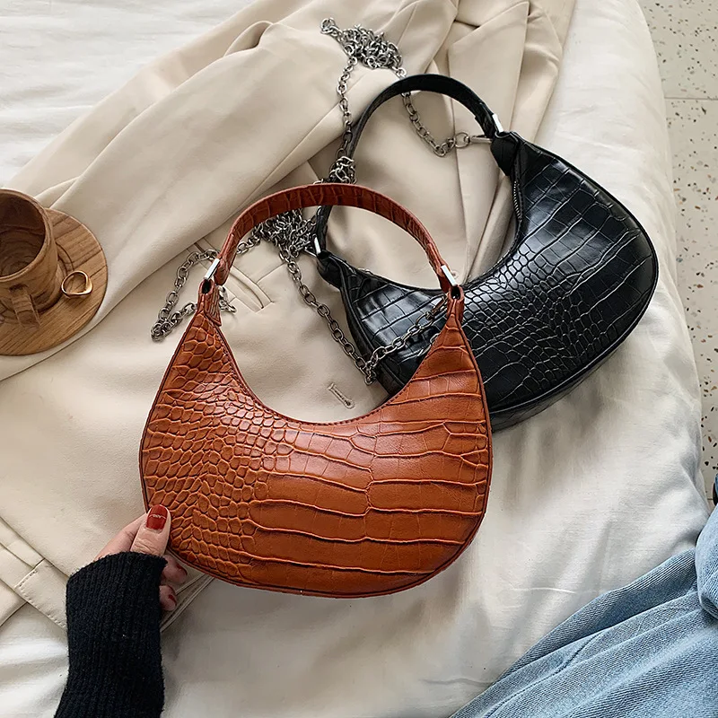 

Small Shoulder Bag Vintage Hobos Bag for Women Handbag Leather Female Crocodile Pattern Half Moon Shape Bolsa Feminina