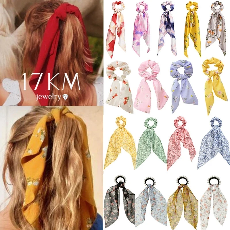 

Fashion Colorful Bow Satin Long Ribbon Hair Scrunchies Scarf Ponytail Holder Elastic Hair Bands Hair Accessories, Color