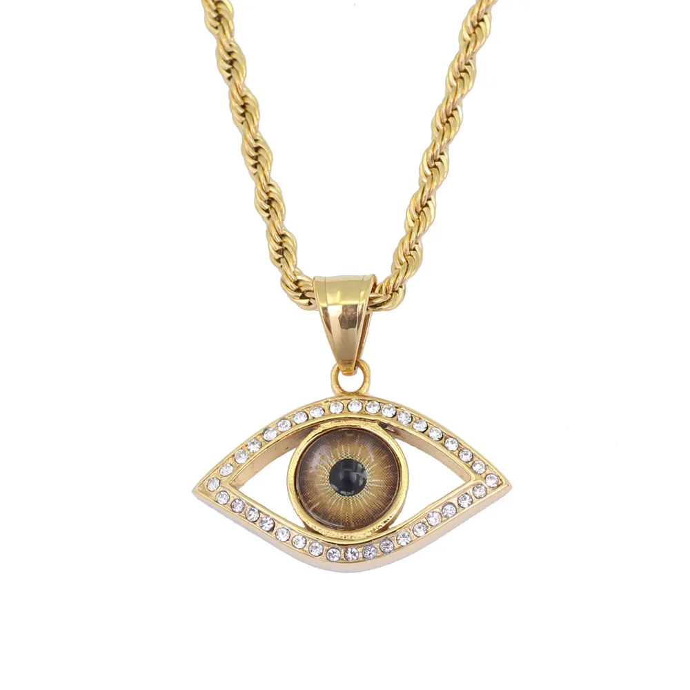 

create charm stainless steel personality natural stone druzy evil eyes pendant necklace long chain crystal Turkish eye necklaces, Gold/silver