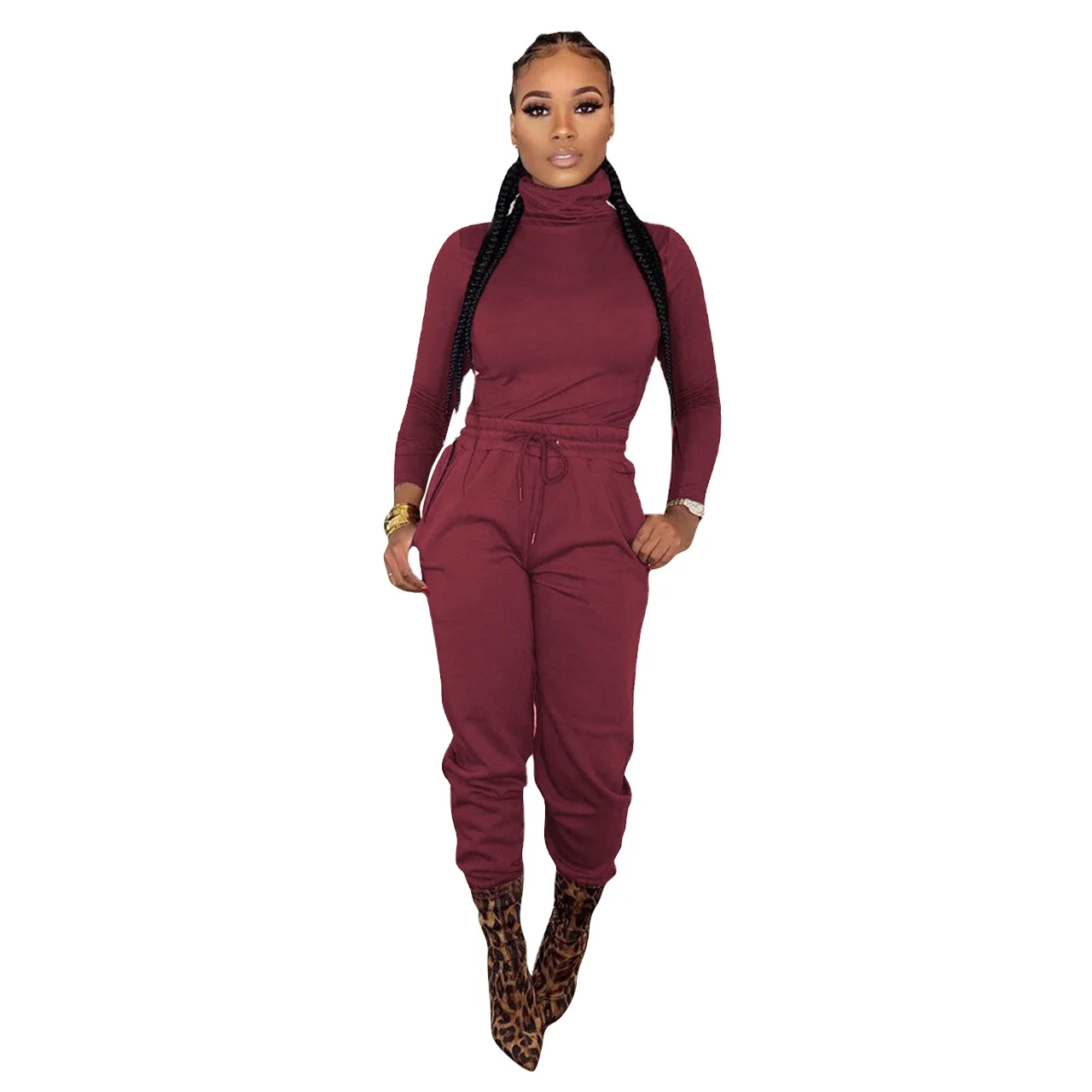 

The Latest Autumn Comfortable Suit Pure Color Sports Leisure High Collar Waist Two-Piece Set, Colorful