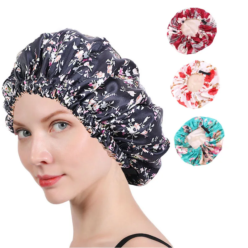 

New Silky Double Layer Designer Satin Bonnet Hair Bonnets Sleeping Cap Women Satin Bonnets with Snap Show Fitted Cap