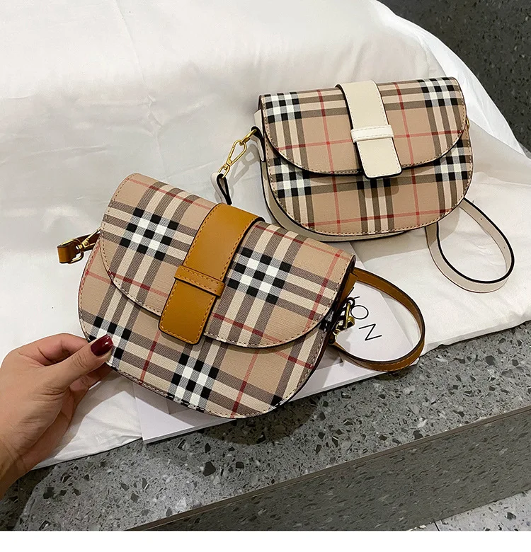 

BG-0057 Unique Fashion Designer Women Saddle Bag Crossbody Plaid Mini Bags Leather Handbags for Women, As picture