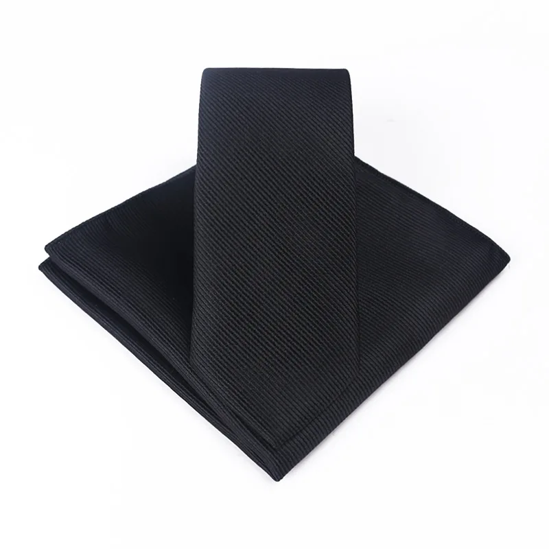 

6CM Width Solid Black Tie Silk Business Wedding Tie and Pocket Square