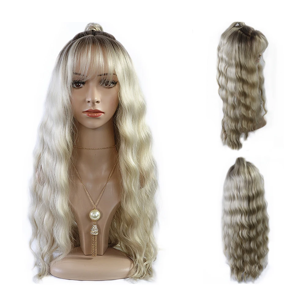 High heat resistant synthetic hollywood wave light ash blonde lace front wig with ponytail