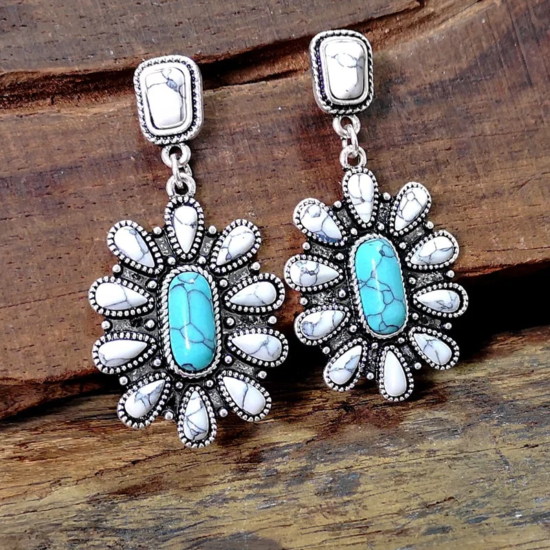 

Boho Natural Elegant Turquoise Squash Blossom Earrings Delicate Western Turquoise Post Dangle Earrings