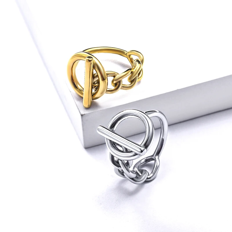 

European American Style Jewelry Trendy Fashion Silver & Gold Plated Cuban Chain Rings 316L Stainless Steel OT Buckle Shape Ring