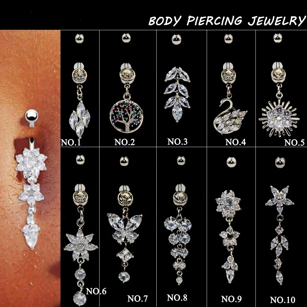 

Sexy Belly Bars Belly Button Rings Belly Piercing CZ Crystal Zircon Flower Rhinestone Body Jewelry Dangle Navel Piercing Rings, Silver, gold