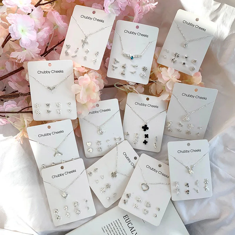 

Popular multiple designs crystal pendant necklace 4 pairs stud earrings set for women, Silver