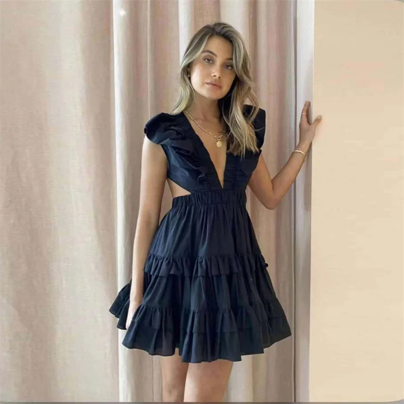 

A5090 New Style Black V Neck Sleeveless Cut Out Ruffle Casual Dresses For Ladies Dropshipping Clothing