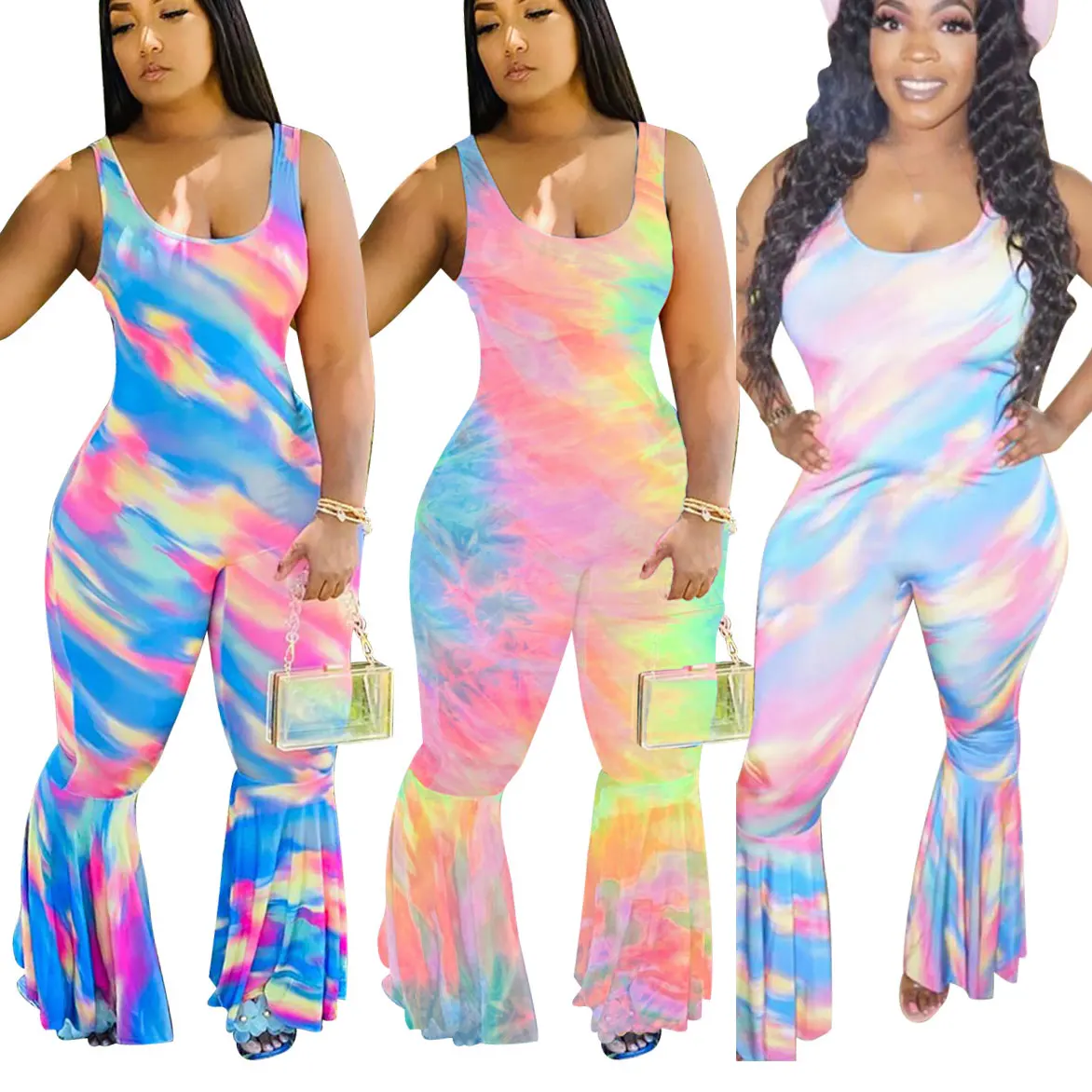 

FS2756A Hot sale dye tied jumpsuits plus size flared trousers sexy women one piece outfit