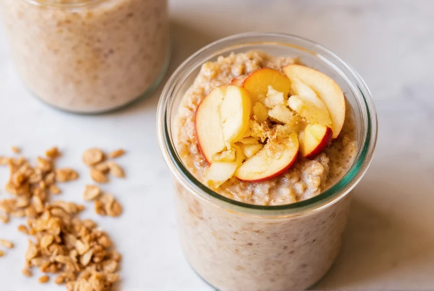 Variations of overnight apple cinnamon oatmeal in different jars with various toppings