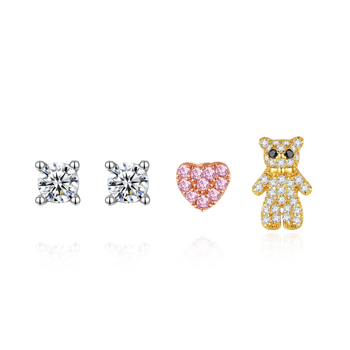 CZCITY Square Zircon Love Bear Suit 3pairs Set 925 Sterling Silver Zircon Heart Stud Earrings Set