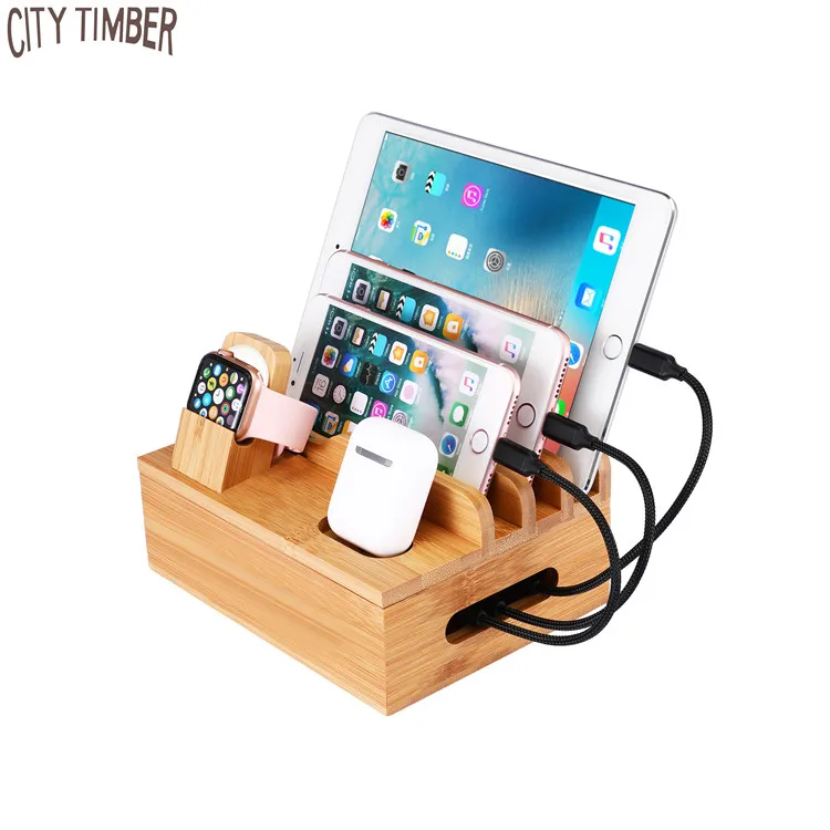 

Creative bamboo phone tablet watch earphone charging station with wire storage box, Natural bamboo color