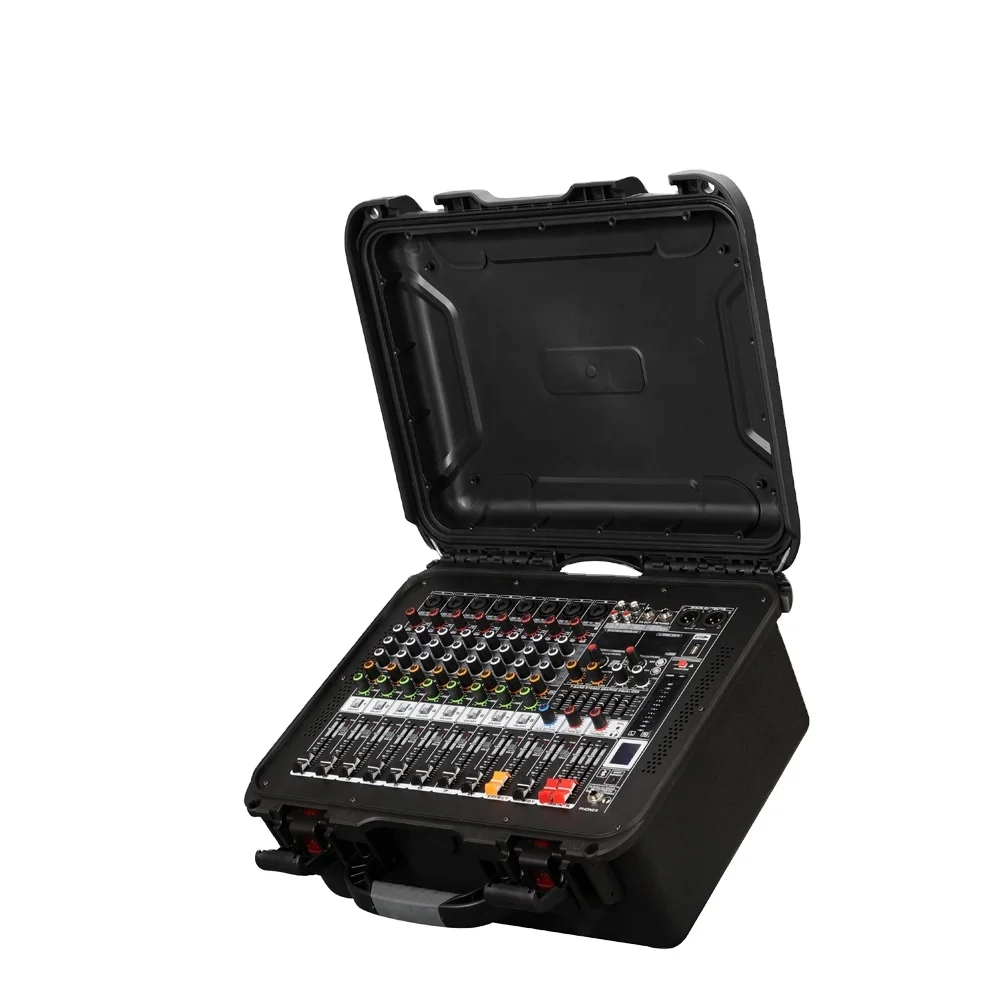 
Class D 2x650W, Professional DJ Flight Case Mixer 8 Ch with Amplifier High-Power Audio Mixing Console for Outdoor Stage 
