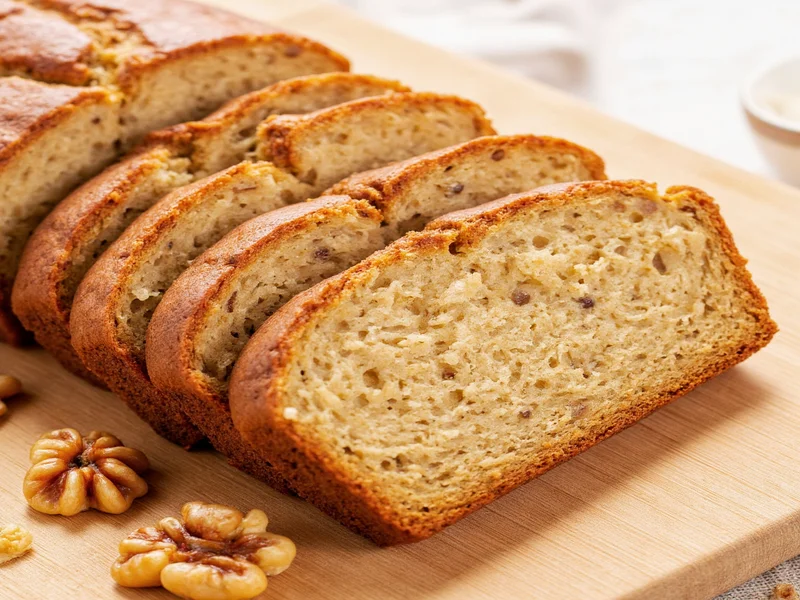 Perfectly sliced banana nut bread with visible walnut pieces