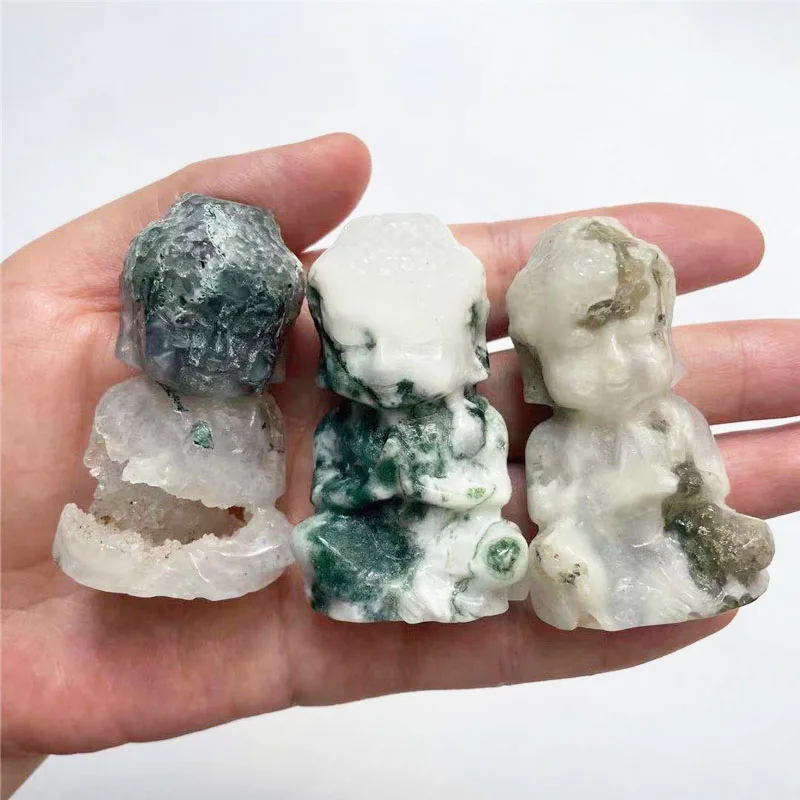 60mm Moss Agate Crystal Buddha Statues Natural Hand Carved Moss Agate Healing Crystal Buddha Head for Home Decoration