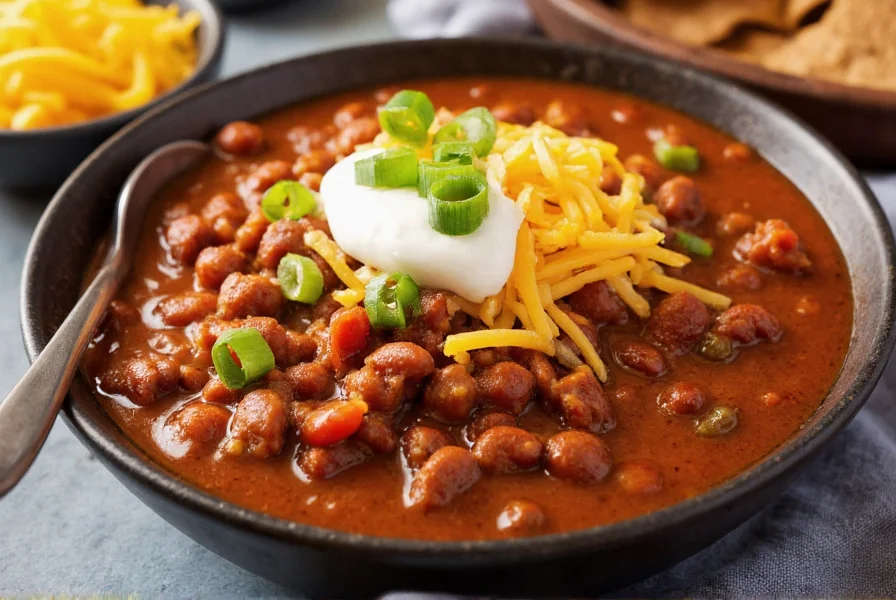 Tex-Mex chili served in bowl with traditional toppings including shredded cheese, sour cream, and chopped green onions