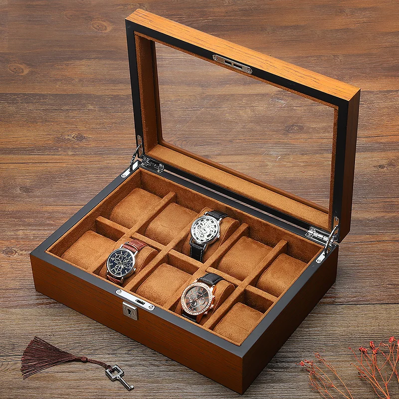 

DIGU European luxury wooden watch box high quality Lockable wood watch packaging box for watches, Brown