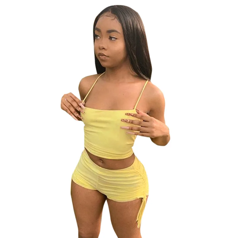 

Fashion Women Jogger Suits Set Solid Color Square Collar Sleeveless Backless Crop Top Strap Shorts 2 Pcs Set Womens Clothing Gym