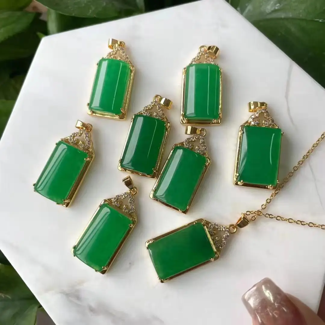 

Jialin Real Jade Jewelry fashion jade pendant with inlaid gold square green jade pendant necklace lucky charm for women