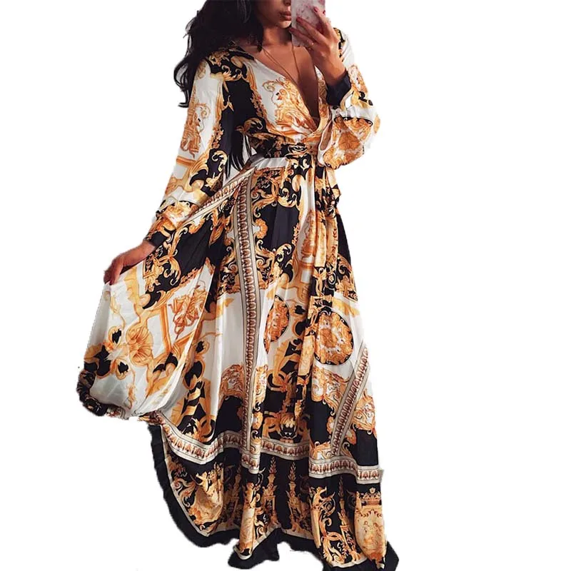 

2021 new fall casual ladies long sleeve print dresses women fashion vintage maxi dress