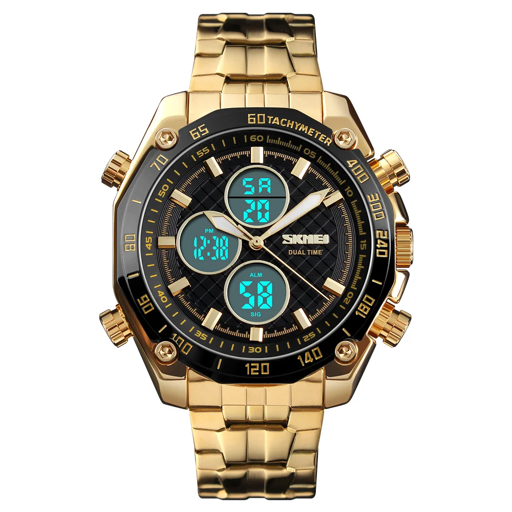 

SKMEI Gold Mens Watch 1302 Classic Men Watches Luxury Stainless Steel Digital Reloj