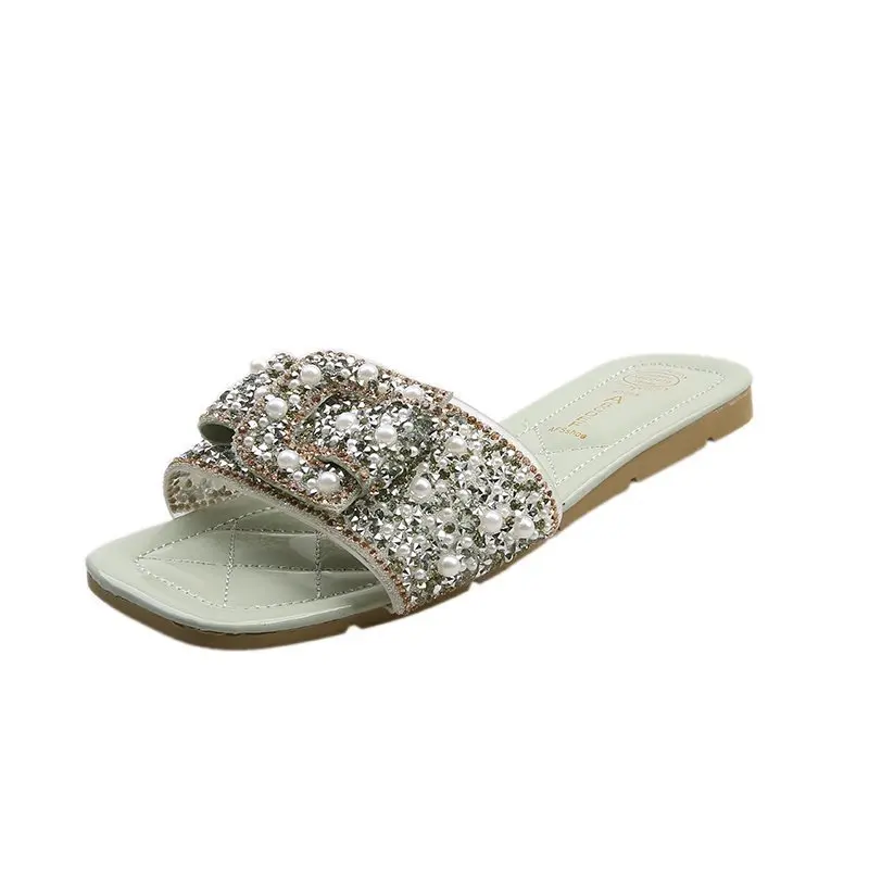 

Custom 2021 new design fashion pearl decorative ladies sandals anti-slip light-weight square head slippers for women